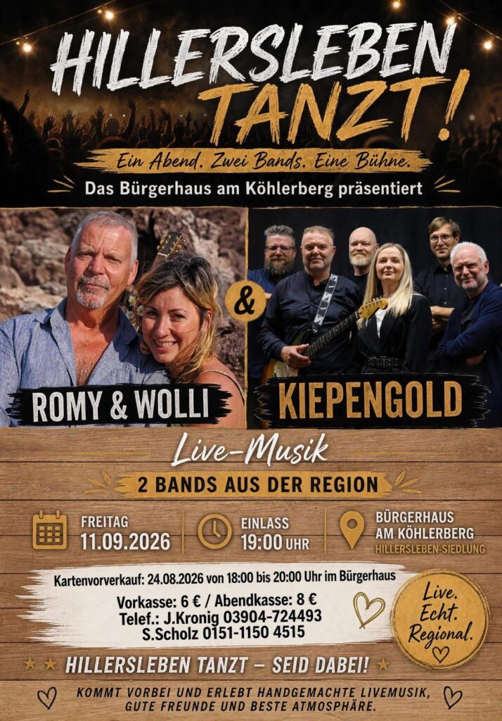 Kiepengold-Band mit Romy & Wolli in Hillersleben, 11.09.2026 Kiepengold Band Hillersleben 2026 Romy Wolli